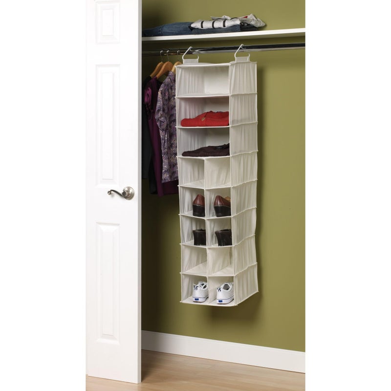 Household Essentials Hanging Shoe Organizer, Natural Canvas, With Clothes Storage, 10 Pockets and 3 Shelves, Collapsible, Cream - Image 4