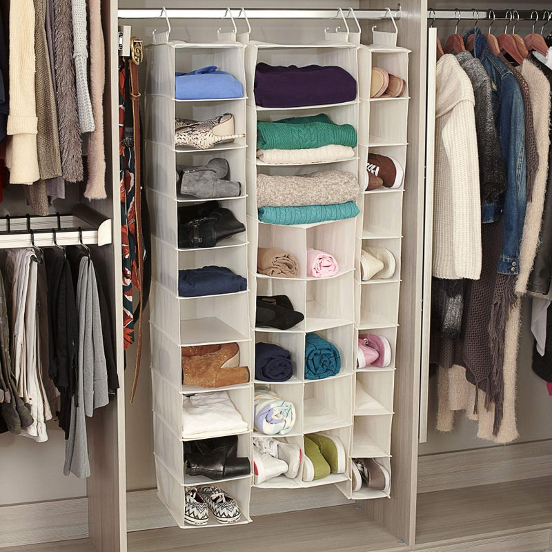 Household Essentials Hanging Shoe Organizer, Natural Canvas, With Clothes Storage, 10 Pockets and 3 Shelves, Collapsible, Cream - Image 3