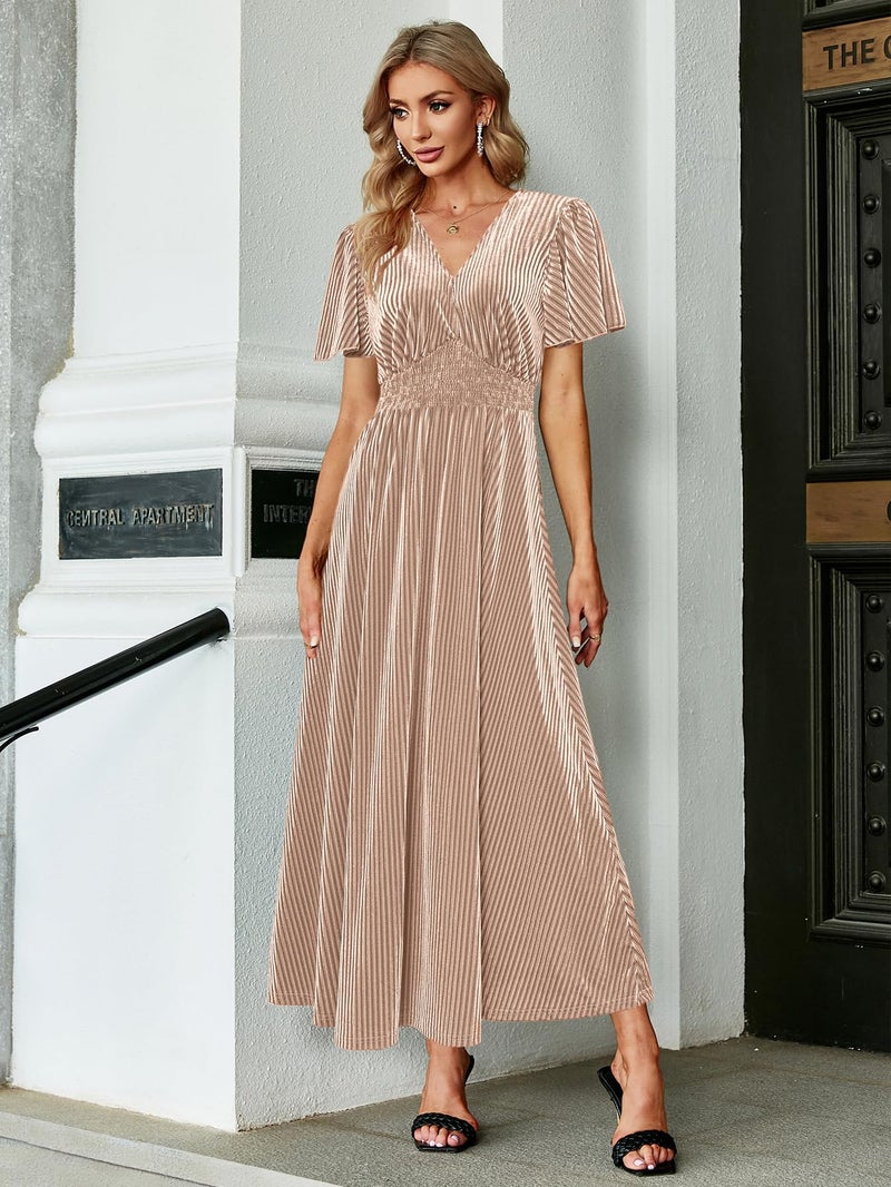 Simplee Apparel Simplee Womenâ€™s Short Sleeve Velvet Maxi Dress V Neck Formal Dress(L Champagne) - Image 5