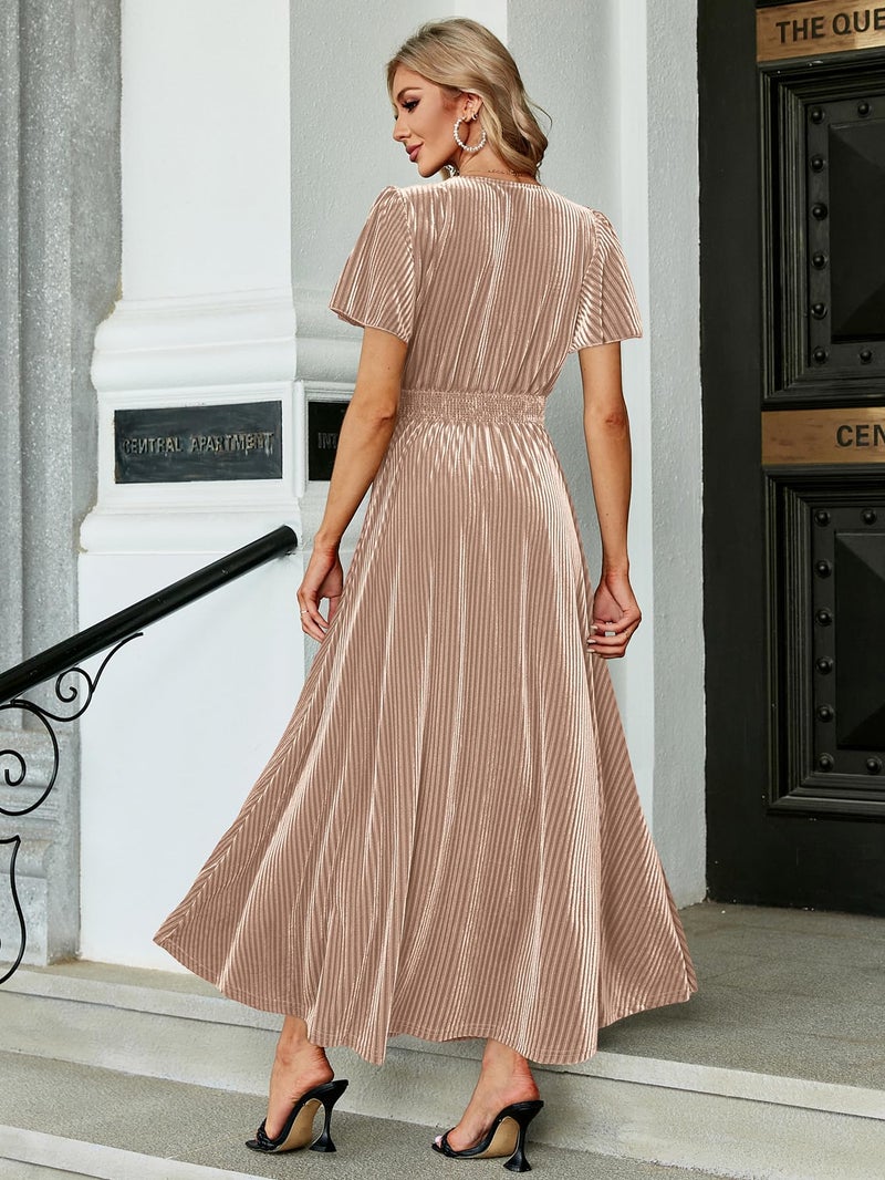 Simplee Apparel Simplee Womenâ€™s Short Sleeve Velvet Maxi Dress V Neck Formal Dress(L Champagne) - Image 4
