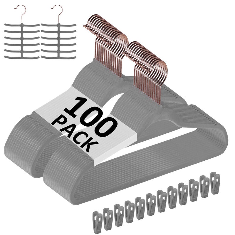VECELO Premium Velvet Clothes Hangers Suit Heavy Duty (100 Pack)-Non Slip & Space-Saving with 12 Finger Clips & 2 Tie Rack Excellent for Men and Women,Gray - Image 1