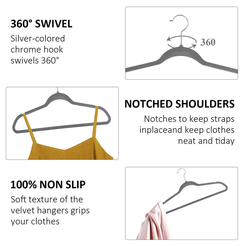 VECELO Premium Velvet Clothes Hangers Suit Heavy Duty (100 Pack)-Non Slip & Space-Saving with 12 Finger Clips & 2 Tie Rack Excellent for Men and Women,Gray - Image 4