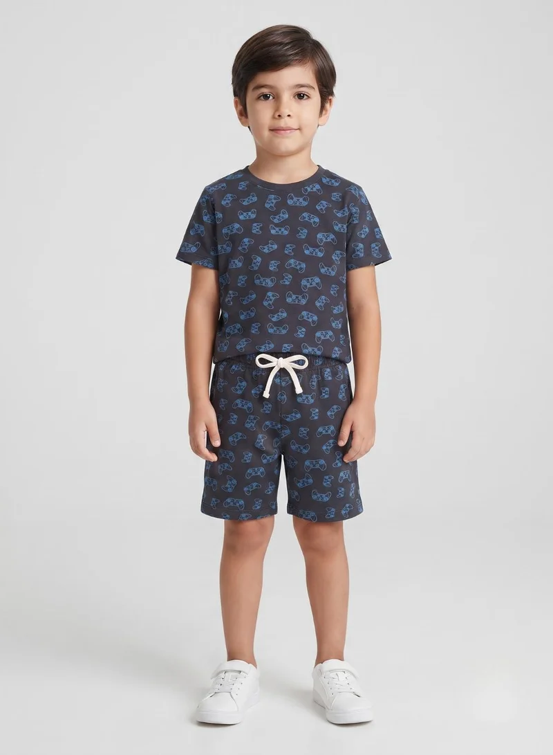بيبي كلو Boys Navy Gaming Controller Print T-Shirt and Shorts Set