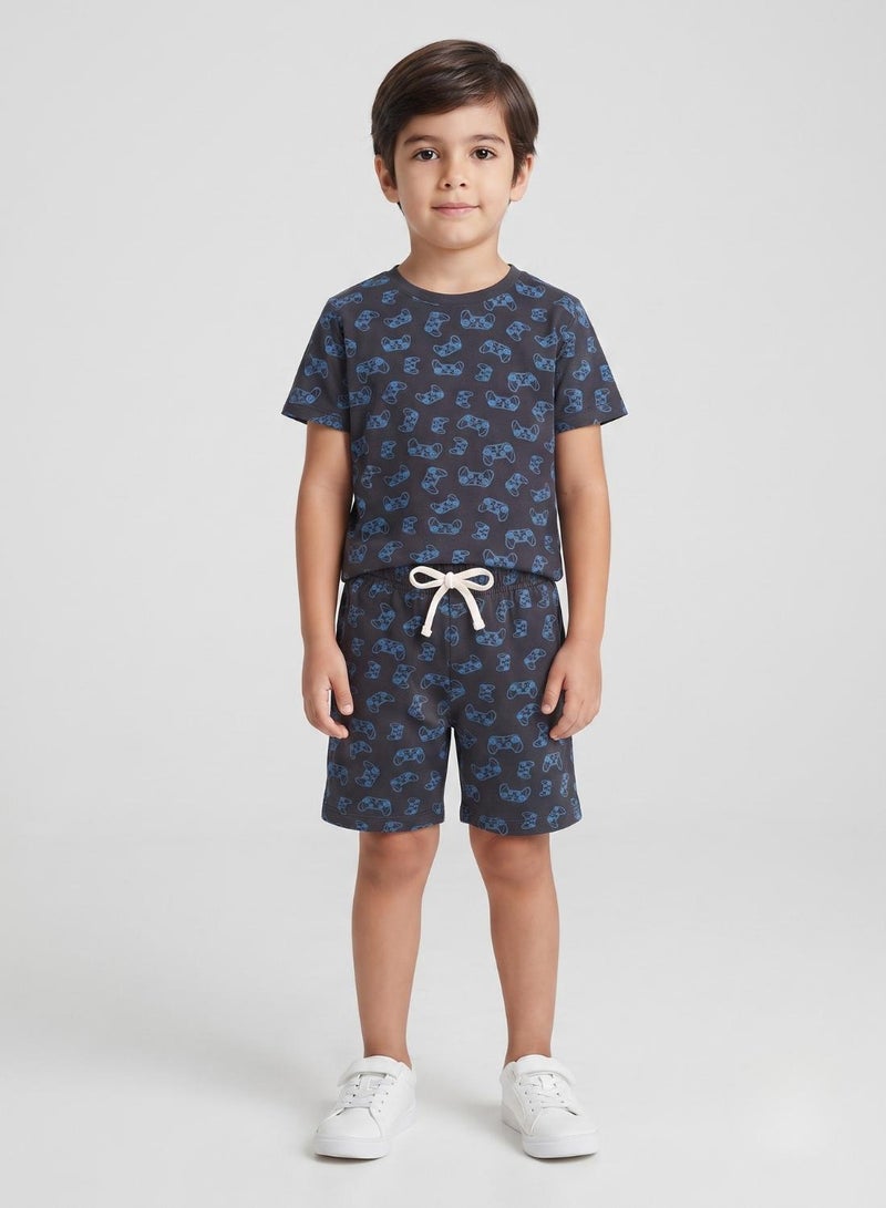 babyqlo Boys Navy Gaming Controller Print T-Shirt and Shorts Set - Image 1