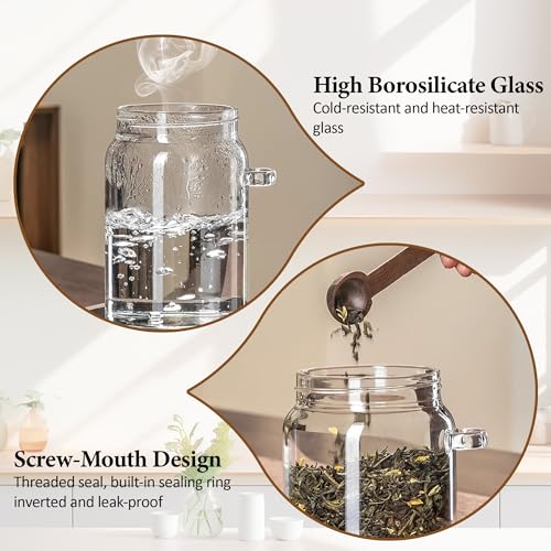 MOLADRI 15 oz/450 ml Glass Storage Canister with Airtight Wooden Lid, Clear Small Decorative Container Jar with Spoon for Salad Overnight Oats Snacks Yogurt Cereal Fruit Spice Sugar Coffee - 4 Pack - Image 3