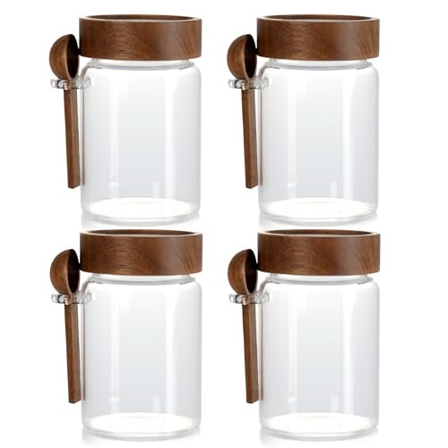 MOLADRI 15 oz/450 ml Glass Storage Canister with Airtight Wooden Lid, Clear Small Decorative Container Jar with Spoon for Salad Overnight Oats Snacks Yogurt Cereal Fruit Spice Sugar Coffee - 4 Pack - Image 1