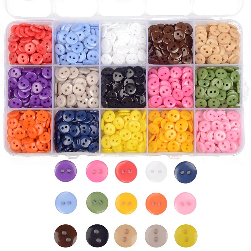 OELFFOW Round 2 Holes Craft Buttons 1125Pcs 035 Inch9mm Sewing Buttons 15 Colors Resin Buttons for Sewing Children Sweater DIY Crafts Scrapbooking Childrens Manual Project