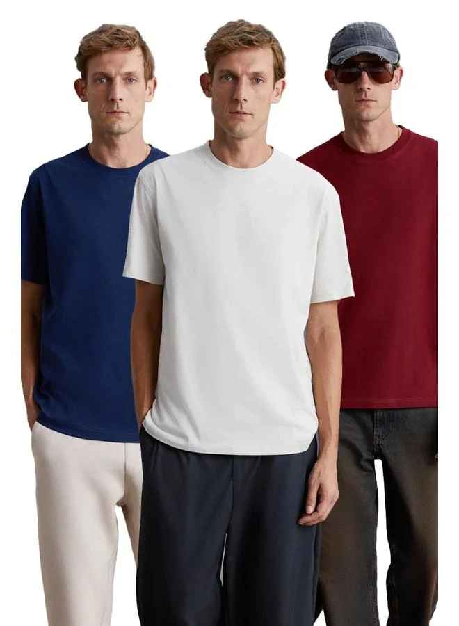 GRIMELANGE Cultivated Men's 3‑Piece Thick Textured Regular %100 Organic Cotton Burgundy/Lavender/Gray T‑shirt.