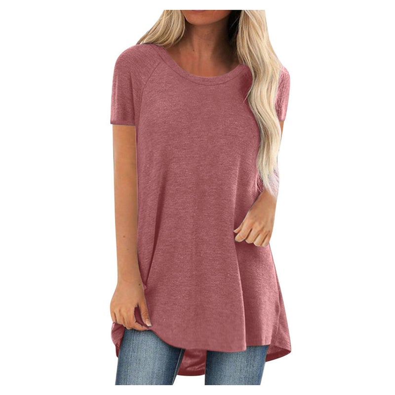 OA-1 Europe and America 2021 Ladies Solid Color T-Shirt AliExpress Round Neck Loose Short Sleeve Pullover Top Women Pink XXL - Image 3