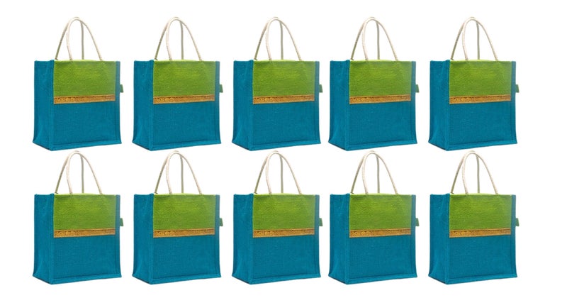 Soman Jute Ecofriendly Return Gift Bags with Zip Green Blue Combo Pack of 10 Bags - Image 1
