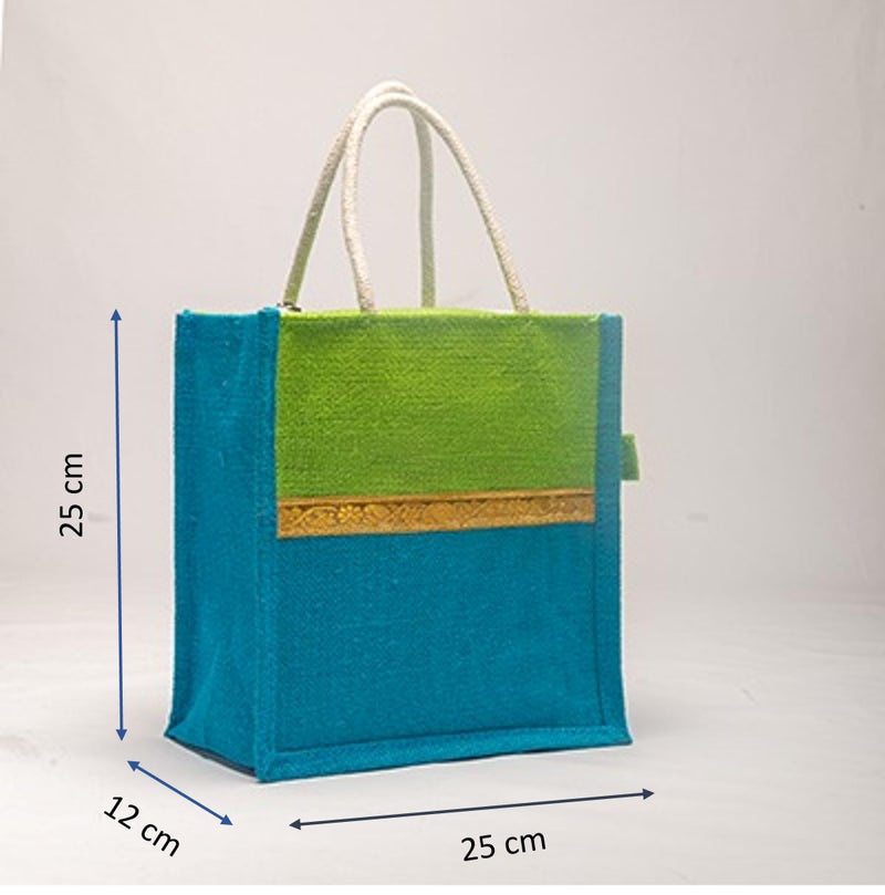 Soman Jute Ecofriendly Return Gift Bags with Zip Green Blue Combo Pack of 10 Bags - Image 3