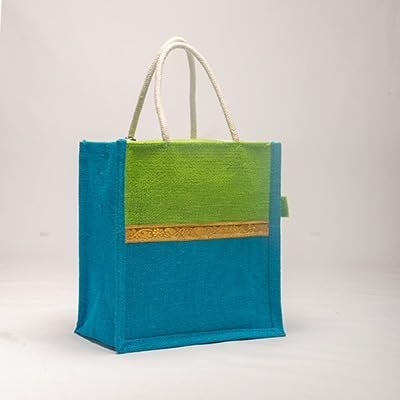 Soman Jute Ecofriendly Return Gift Bags with Zip Green Blue Combo Pack of 10 Bags - Image 2