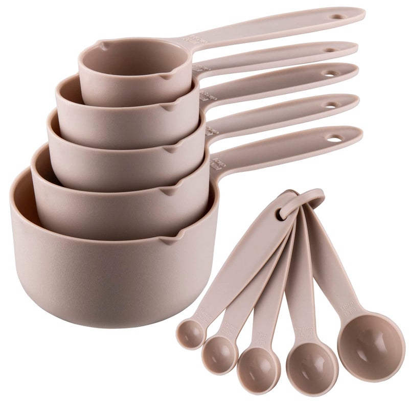 Smithcraft Cute Plastic Measuring Set of 10, 5 Cups & 5 Spoons for Baking & Cooking, Khaki - Image 1