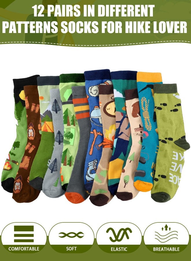 Shyyween 12 Pairs Hiking Socks for Men Novelty Cotton Crew Socks with Nature Forest Tree Mountain Camping Designs Adventure Hiking Gifts for Outdoor Lovers Christmas Stuffers - Image 3