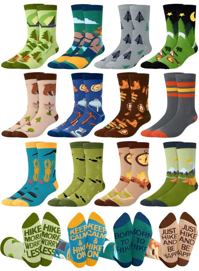 Shyyween 12 Pairs Hiking Socks for Men Novelty Cotton Crew Socks with Nature Forest Tree Mountain Camping Designs Adventure Hiking Gifts for Outdoor Lovers Christmas Stuffers - Image 1