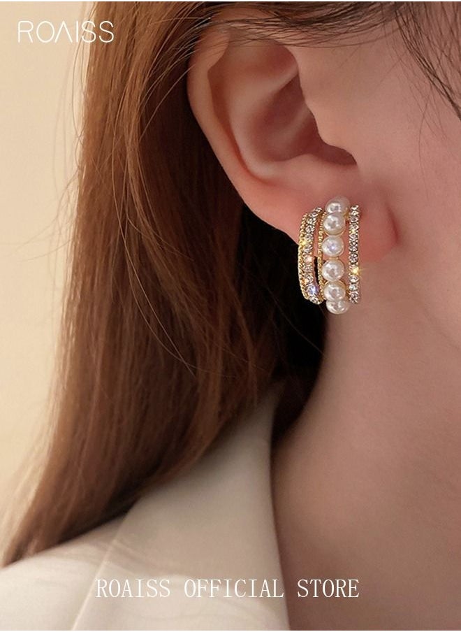 roaiss - Pearl Hoop Earrings Ins Luxury Stylish Diamond Ear Studs S925 Silver Needle for Women Girls Gold - Image 1