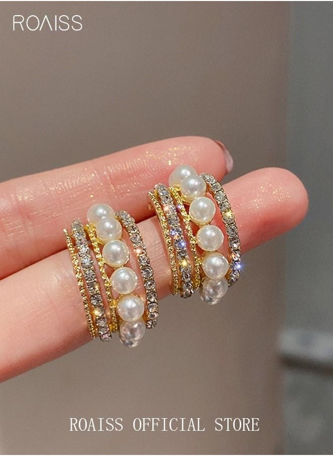 roaiss - Pearl Hoop Earrings Ins Luxury Stylish Diamond Ear Studs S925 Silver Needle for Women Girls Gold - Image 1