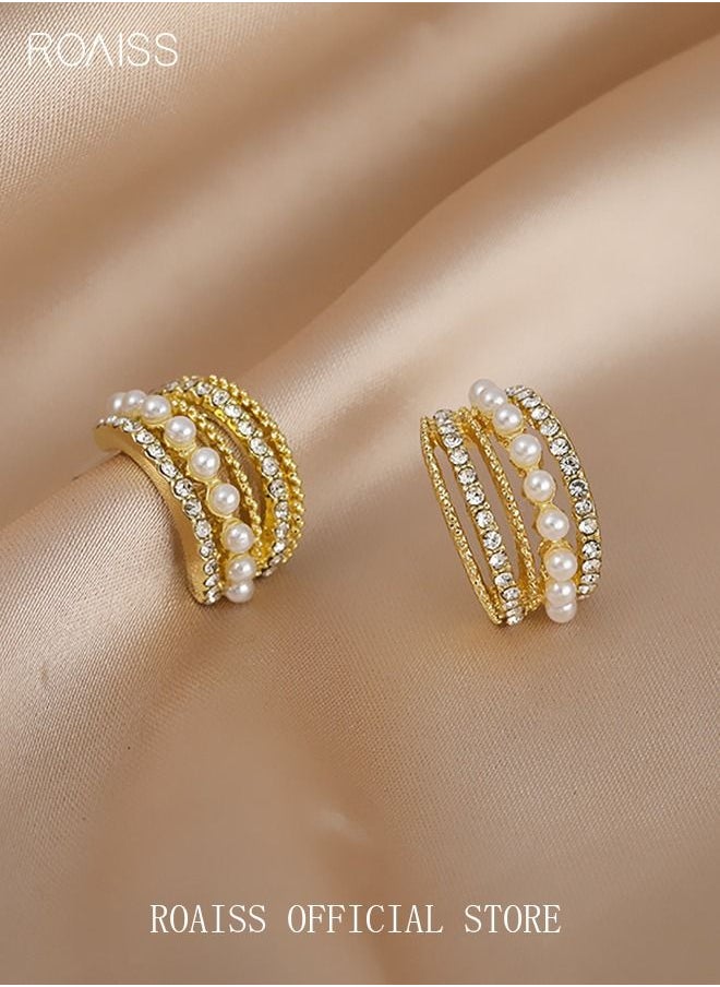 roaiss - Pearl Hoop Earrings Ins Luxury Stylish Diamond Ear Studs S925 Silver Needle for Women Girls Gold - Image 1
