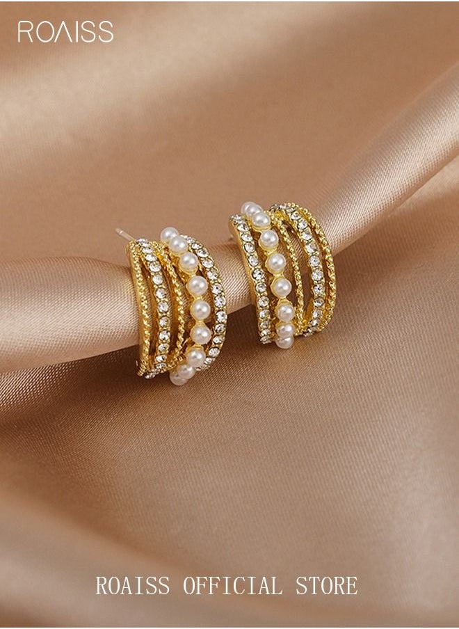 roaiss - Pearl Hoop Earrings Ins Luxury Stylish Diamond Ear Studs S925 Silver Needle for Women Girls Gold - Image 1
