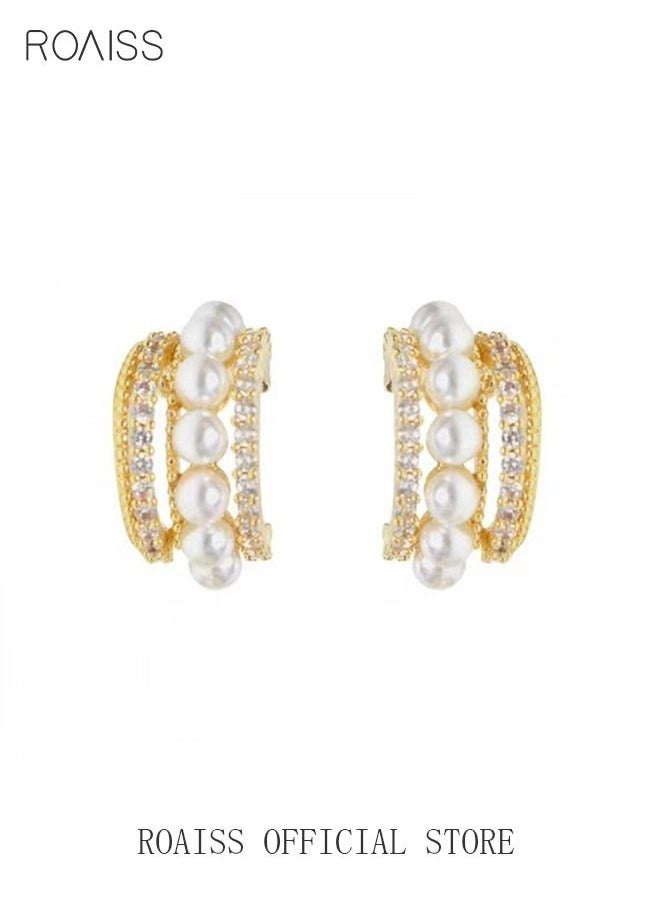 roaiss - Pearl Hoop Earrings Ins Luxury Stylish Diamond Ear Studs S925 Silver Needle for Women Girls Gold - Image 1