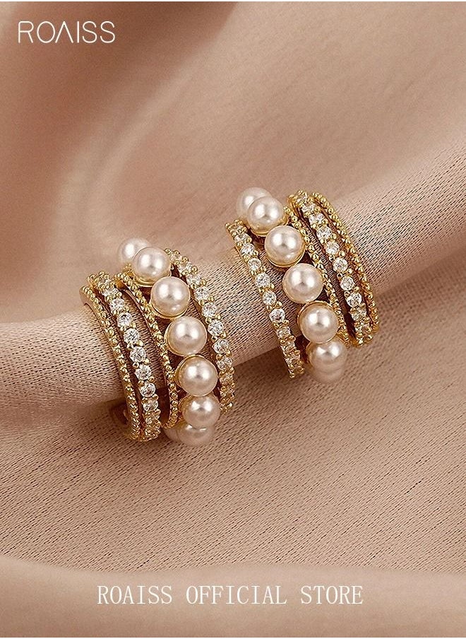roaiss - Pearl Hoop Earrings Ins Luxury Stylish Diamond Ear Studs S925 Silver Needle for Women Girls Gold - Image 1