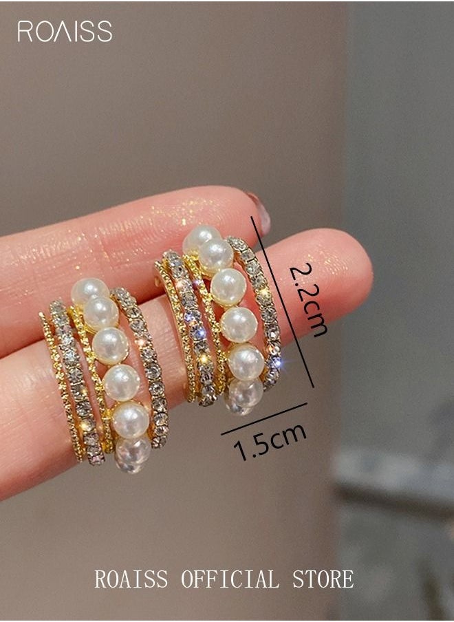 roaiss - Pearl Hoop Earrings Ins Luxury Stylish Diamond Ear Studs S925 Silver Needle for Women Girls Gold - Image 1