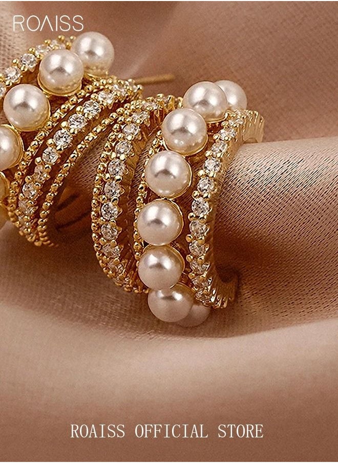roaiss - Pearl Hoop Earrings Ins Luxury Stylish Diamond Ear Studs S925 Silver Needle for Women Girls Gold - Image 1