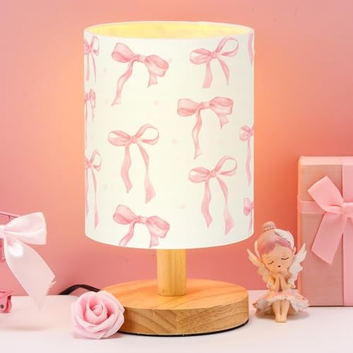 VIHOSE Bow Kids Table Lamp for Bedroom Kids Bedside Lamp with Linen Wooden Nightstand Cartoon Nursery Lampshade for Girls Boys Living Room - Image 1