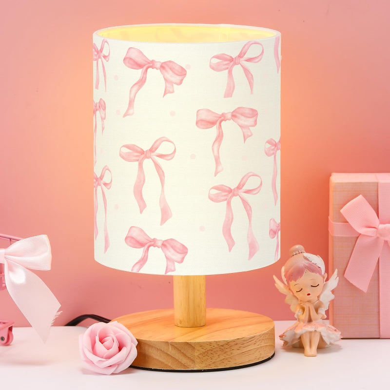 VIHOSE Bow Kids Table Lamp for Bedroom Kids Bedside Lamp with Linen Wooden Nightstand Cartoon Nursery Lampshade for Girls Boys Living Room - Image 2