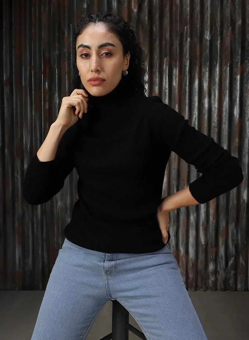 هاي ستار Women's Black 100% Acrylic Solid Sweater