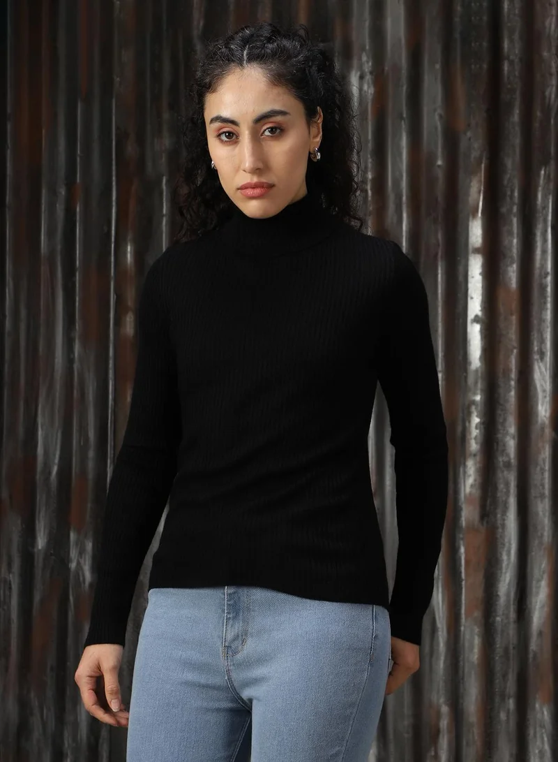 هاي ستار Women's Black 100% Acrylic Solid Sweater