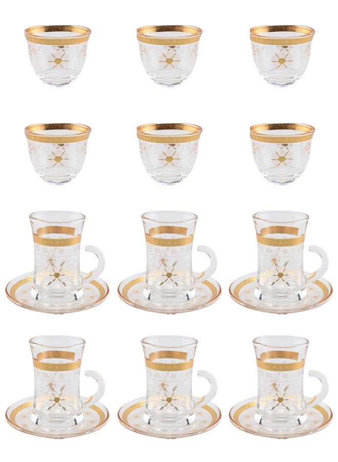 جوزيل طقم أكواب شاي وقهوة زجاجي مكون من 18 قطعة شفاف/ذهبي، يخدم 6 أشخاص - Image 1