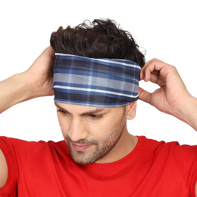 Coreteq Multicolor Sports Sweatband Headband Concealed Seam Micro-Spandex Men and Women (Plaid Blue) Free Size - Image 2