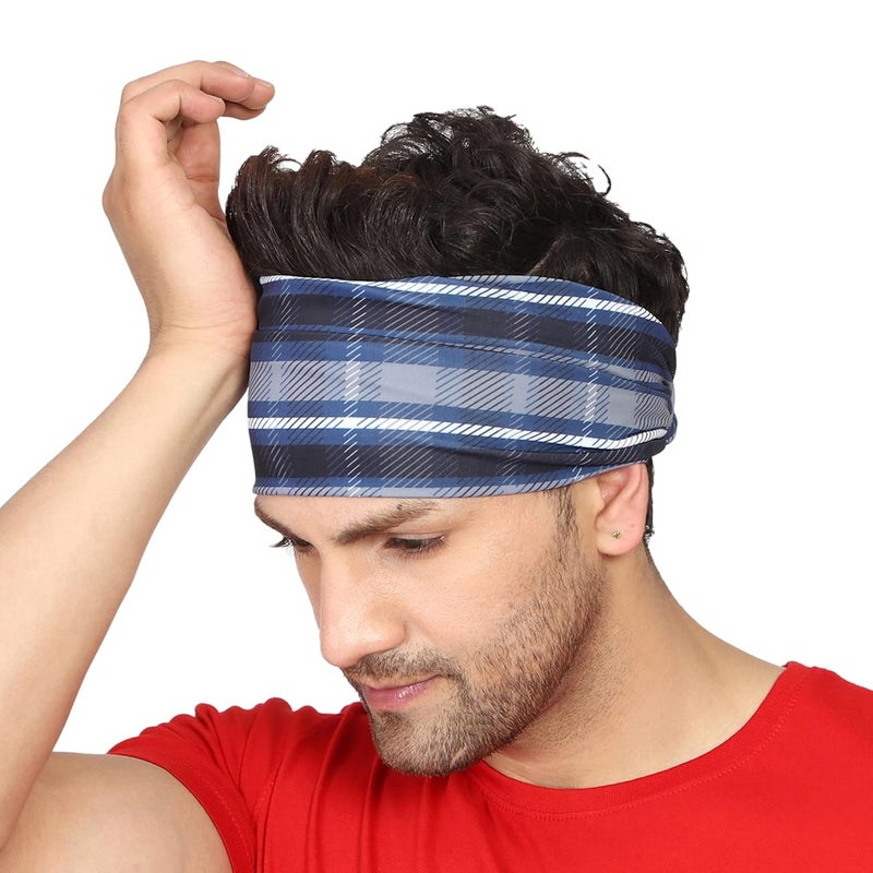 Coreteq Multicolor Sports Sweatband Headband Concealed Seam Micro-Spandex Men and Women (Plaid Blue) Free Size - Image 5