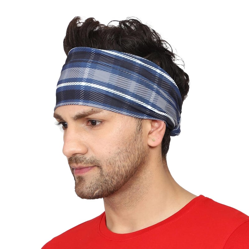 Coreteq Multicolor Sports Sweatband Headband Concealed Seam Micro-Spandex Men and Women (Plaid Blue) Free Size - Image 1