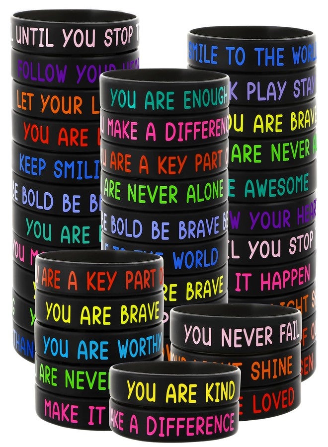 JUNEBRUSHS 64pcs Motivational Silicone Bracelets Bulk Black Colored Inspirational Rubber Wristbands for Student Teacher Back To School Gifts Classroom Reward Birthday Party Favor (16 Designs) - Image 1