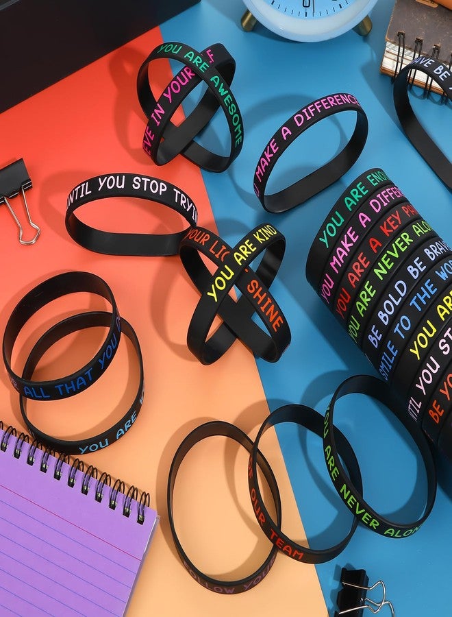 JUNEBRUSHS 64pcs Motivational Silicone Bracelets Bulk Black Colored Inspirational Rubber Wristbands for Student Teacher Back To School Gifts Classroom Reward Birthday Party Favor (16 Designs) - Image 4