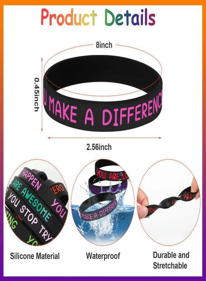 JUNEBRUSHS 64pcs Motivational Silicone Bracelets Bulk Black Colored Inspirational Rubber Wristbands for Student Teacher Back To School Gifts Classroom Reward Birthday Party Favor (16 Designs) - Image 2