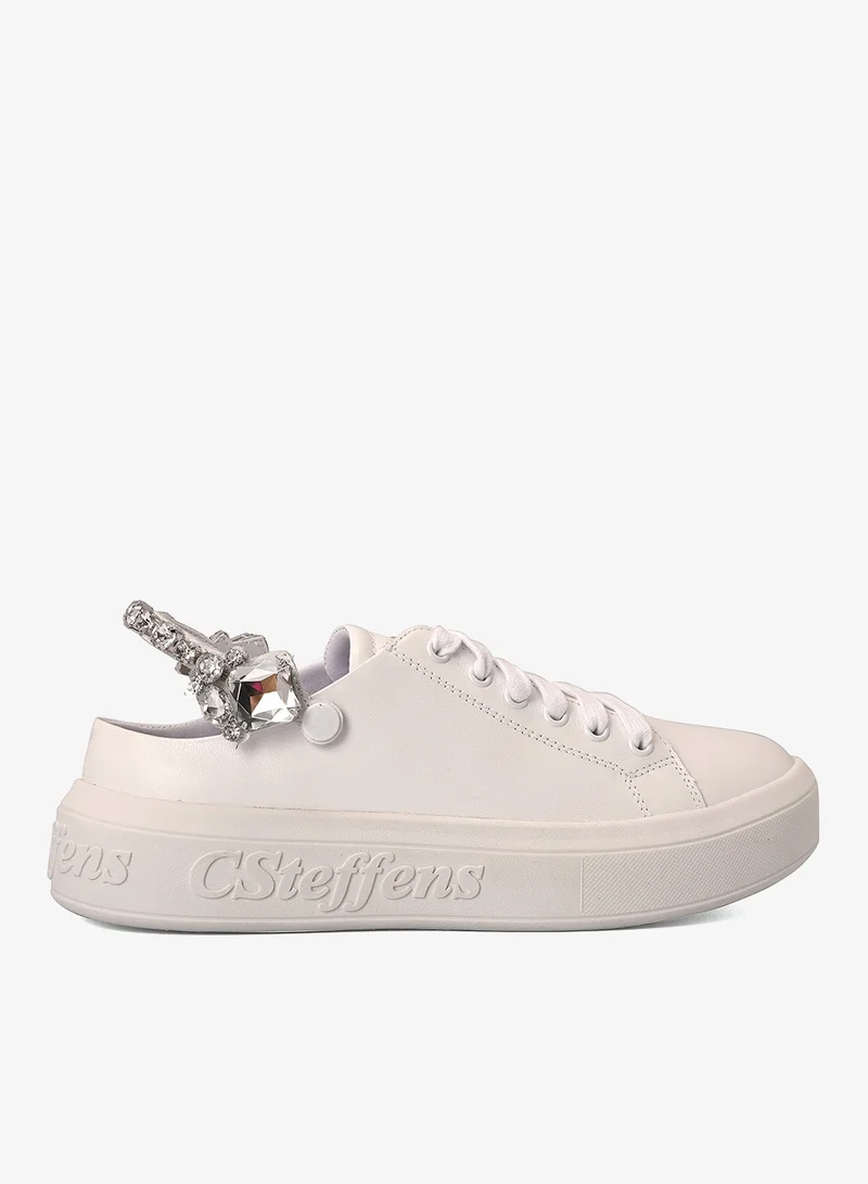 White Leather Sneakers with Crystal Detailing