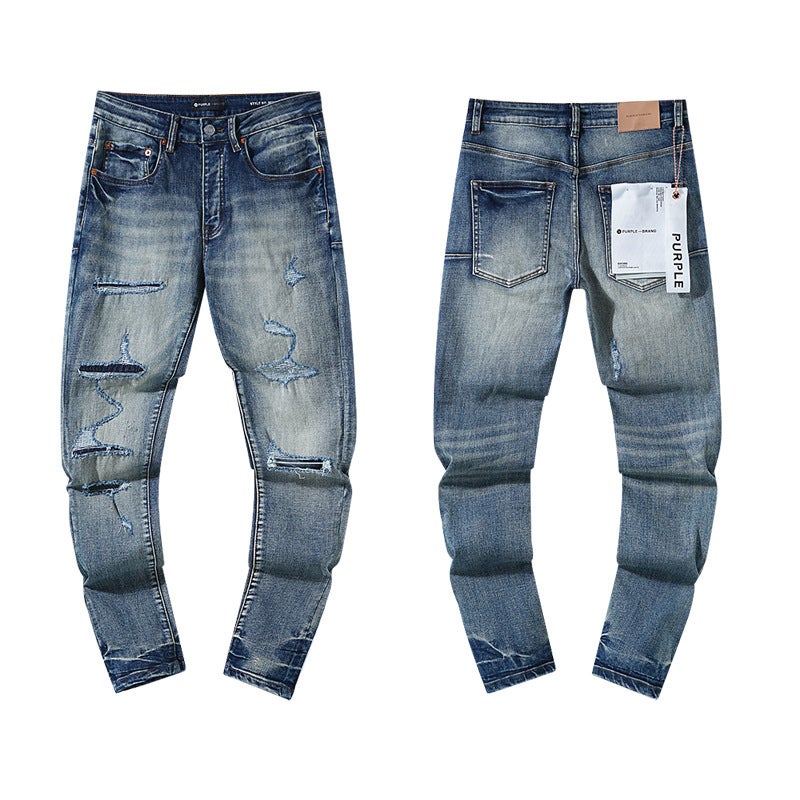 Purple Brand Splatter Print Retro Distressed Jeans for Men Pu119 blue 