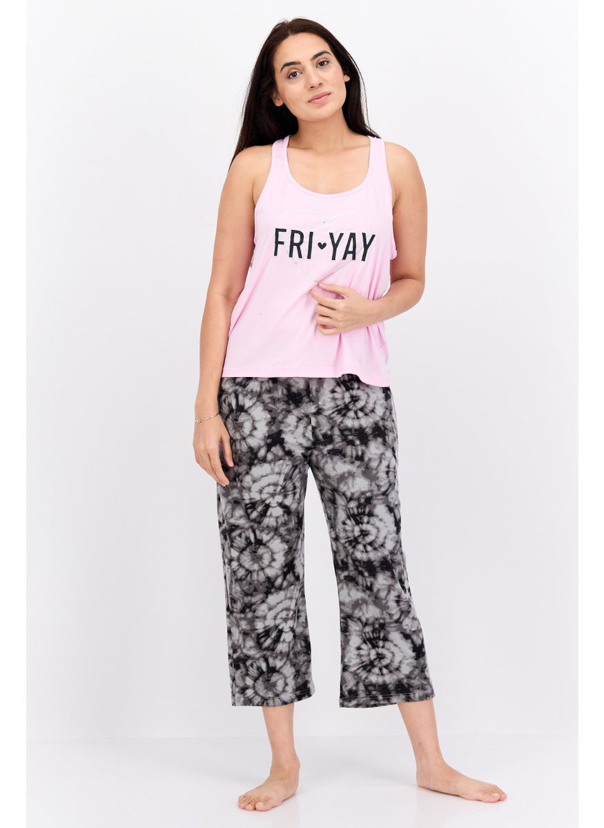 French Affair Women 2 Pieces Graphic Print Pajama Set, Pink  - Image 1