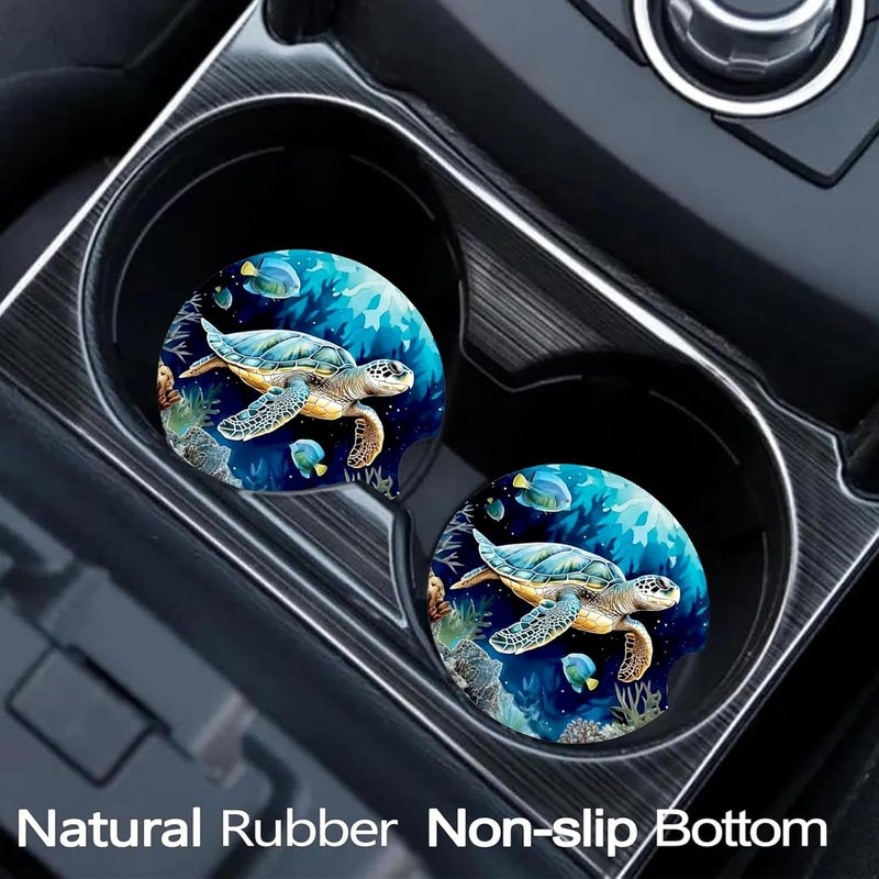 Ldntly Car Coasters for Cup Holders,2 Pack Sea Turtle Car Cup Holder Coasters,2.75" Universal Size Anti Slip Rubber Mat,Automotive Cup Holder Decal Decor Accessories,Sea Turtle Gifts for Women,Mom,Men - Image 2