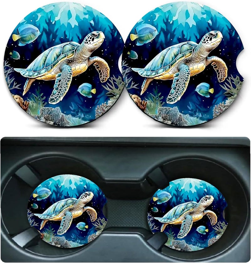 Ldntly Car Coasters for Cup Holders,2 Pack Sea Turtle Car Cup Holder Coasters,2.75" Universal Size Anti Slip Rubber Mat,Automotive Cup Holder Decal Decor Accessories,Sea Turtle Gifts for Women,Mom,Men - Image 1