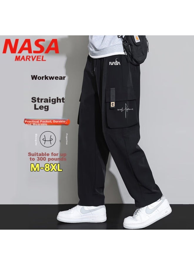 Nasa Marvel Casual Pants For Men, Spring And Autumn Sports Trousers, Loose-fitting Trendy Breathable Straight-leg Cargo Pants, Large Size, Black, 8xl