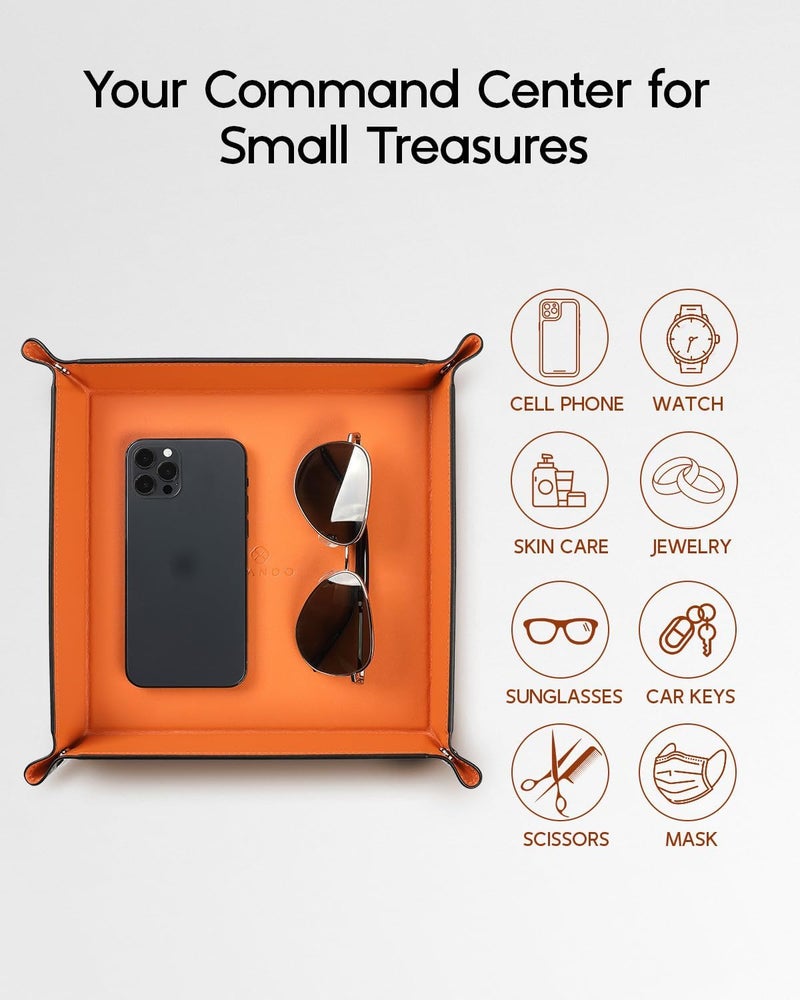 VLANDO Leather Valet Tray for Men, Key Wallet Watch Organizer for Desk, Nightstand or Entryway, Premium Valet Tray Organizer Gift for Men - Large, Orange - Image 4