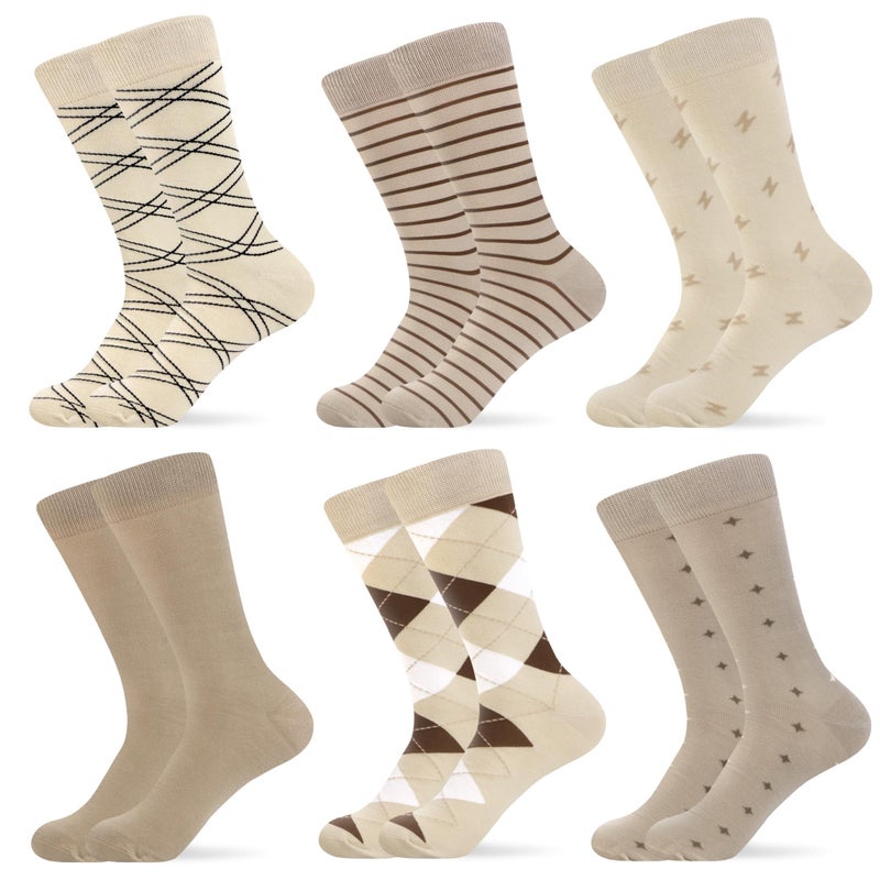 WeciBor Men's Beige Khaki Dress Socks - 6 Pack Seamless Cotton Tan Crew Socks, Size 7-12 for Business & Everyday Wear - Image 1