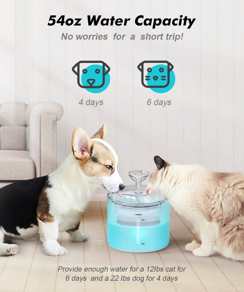 NPET WF100 Cat Foutain, 54oz/1.6L Automatic Pet Water Fountain Dog Water Dispenser with 2 Flow Modes, Bottom Suction LED Light Quiet Pump for for Cats & Small Dogs - Image 5
