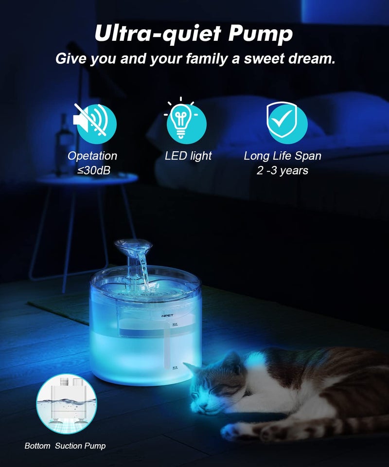 NPET WF100 Cat Foutain, 54oz/1.6L Automatic Pet Water Fountain Dog Water Dispenser with 2 Flow Modes, Bottom Suction LED Light Quiet Pump for for Cats & Small Dogs - Image 4