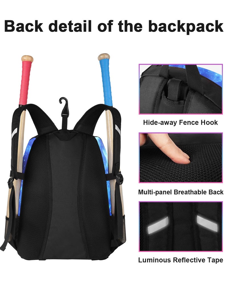 MATEIN Baseball Bag for Boys, Youth Baseball Bat Backpack for Softball Equipment & Gear & Helmet, Softball Backpack Holds 4 Bat with Fence Hook and Separate Shoe Compartment, Galaxy Blue - Image 4