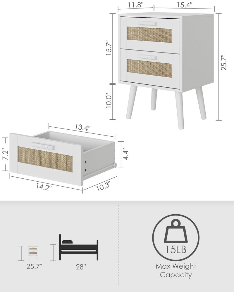 Masupu Rattan Night Stand, Modern nightstand Boho Bedside Table with 2 Drawer, Small End Side Table for Bedroom,Living Room,Office,White - Image 2